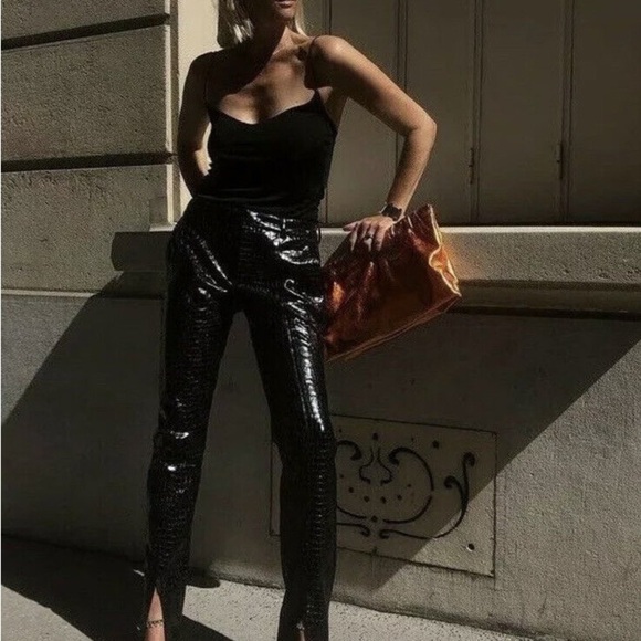ZARA TROUSERS CROCO ANIMAL EFFECT FAUX LEATHER PANTS BLACK - Picture 7 of 8